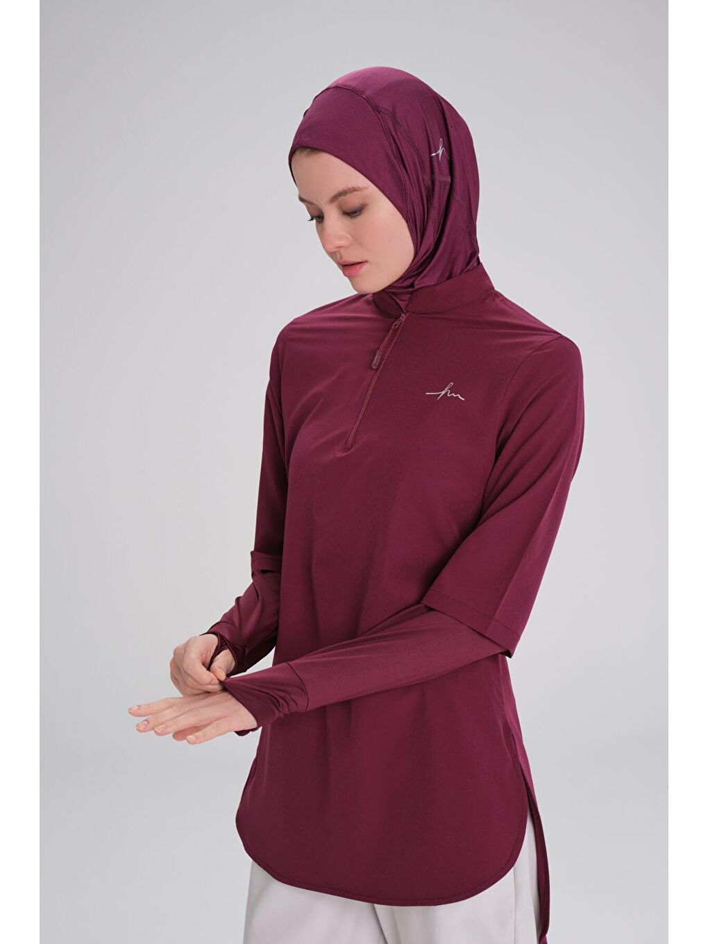 Active Uzun Kollu Yakası Fermuarlı Mor Tesettür Antrenman Tişörtü Act-9-6
