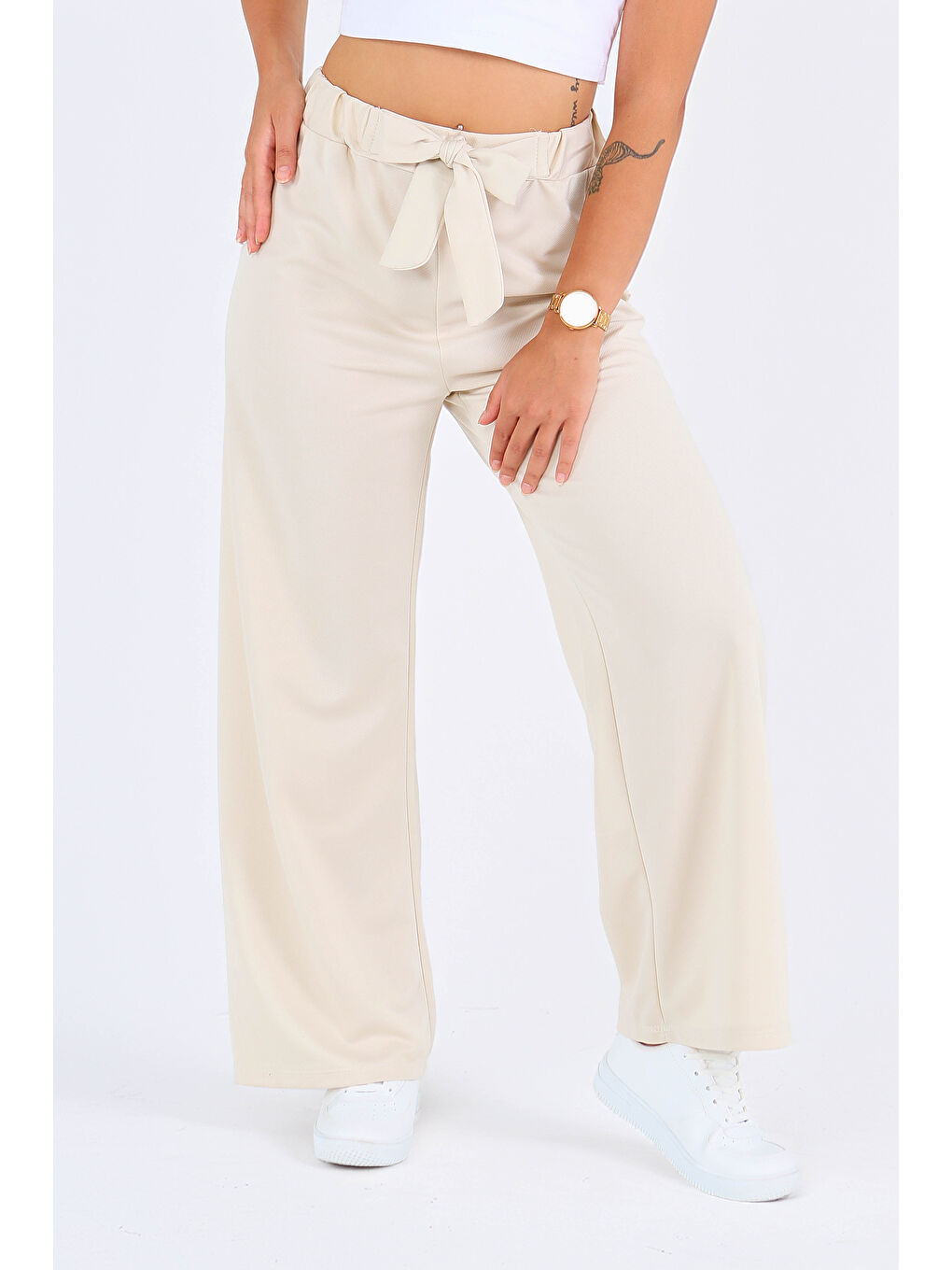 Ekru Önden Bağlamalı Pantolon Krem - 27553-2