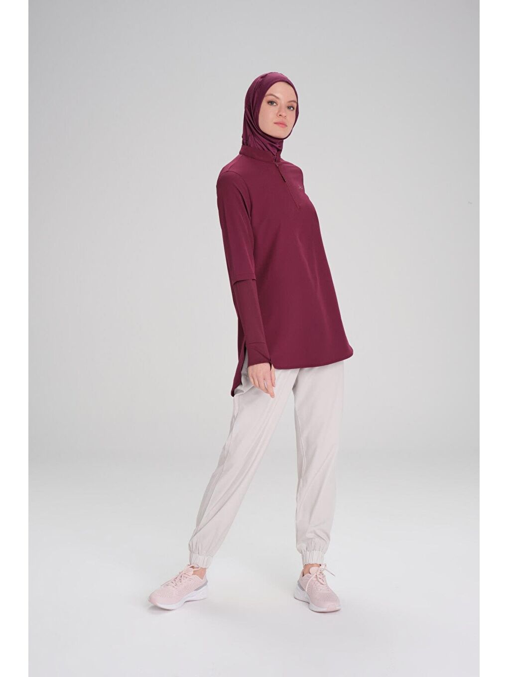 Active Uzun Kollu Yakası Fermuarlı Mor Tesettür Antrenman Tişörtü Act-9-7