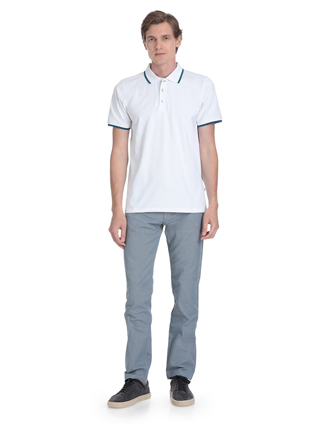 Beyaz Regular Fit Polo Yaka Pamuklu Rayon Tişört-1