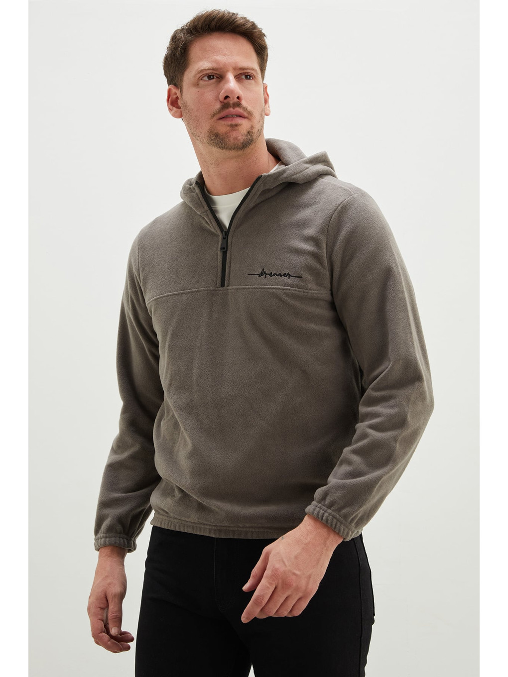 Gri Yarım Fermuarlı Kapüşonlu Polar Sweatshirt-1
