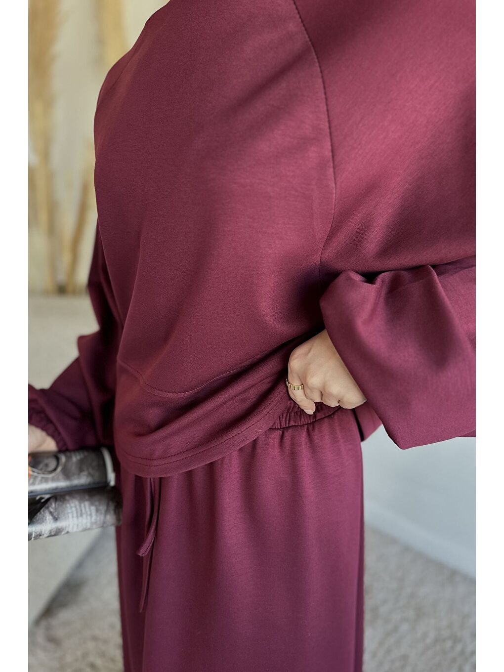 Bordo Bisiklet Yaka Bluz Bel Lastikli Etek Tesettür İkili Takım-6