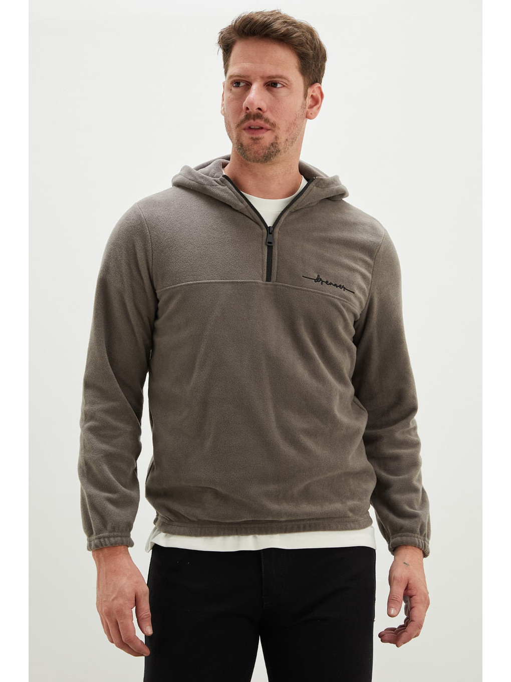 Gri Yarım Fermuarlı Kapüşonlu Polar Sweatshirt-2