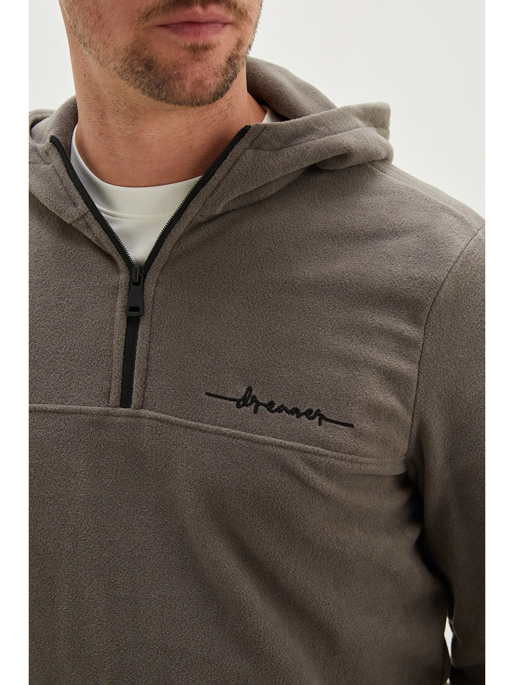 Gri Yarım Fermuarlı Kapüşonlu Polar Sweatshirt-3