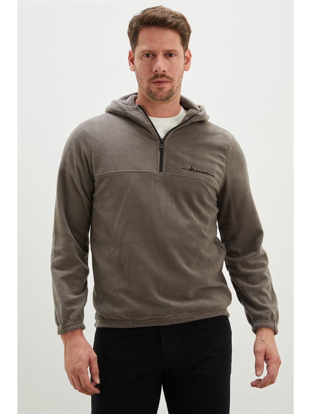 Gri Yarım Fermuarlı Kapüşonlu Polar Sweatshirt-4