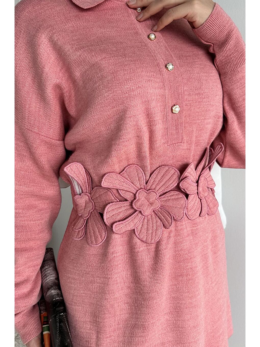 Pembe Papatya Aplikeli Tunik Pantolon Triko Tesettür İkili Takım (s,m,l,xl Uyumludur)-9