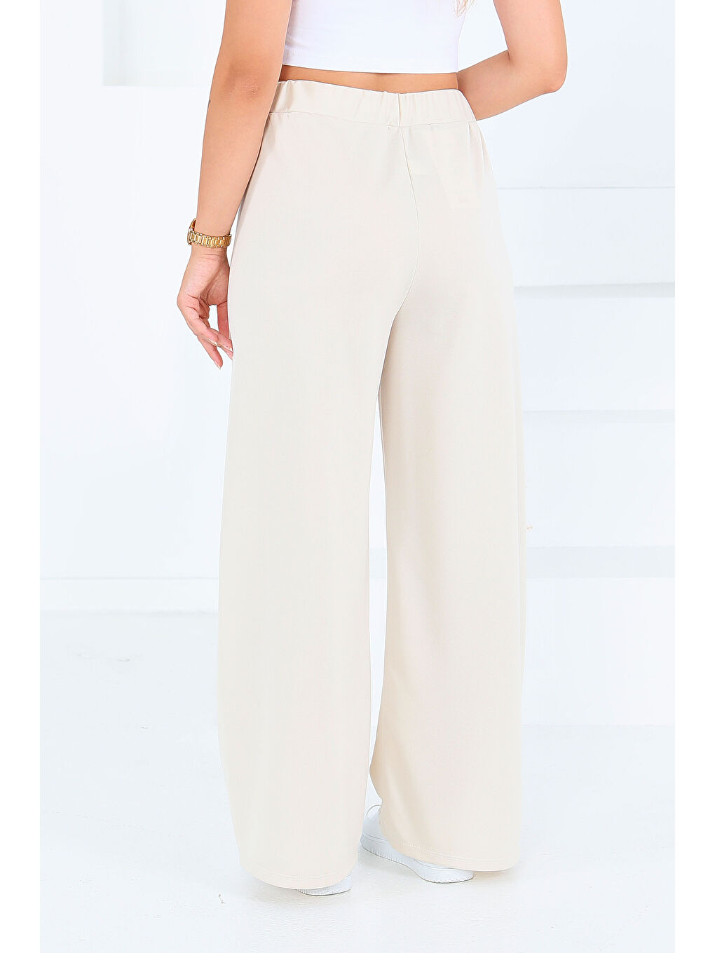 Ekru Önden Bağlamalı Pantolon Krem - 27553-3