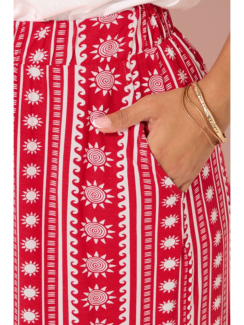 Kırmızı Büyük Beden Etnik Desenli Beli Lastikli Paçası Bol Pantolon 145344-3