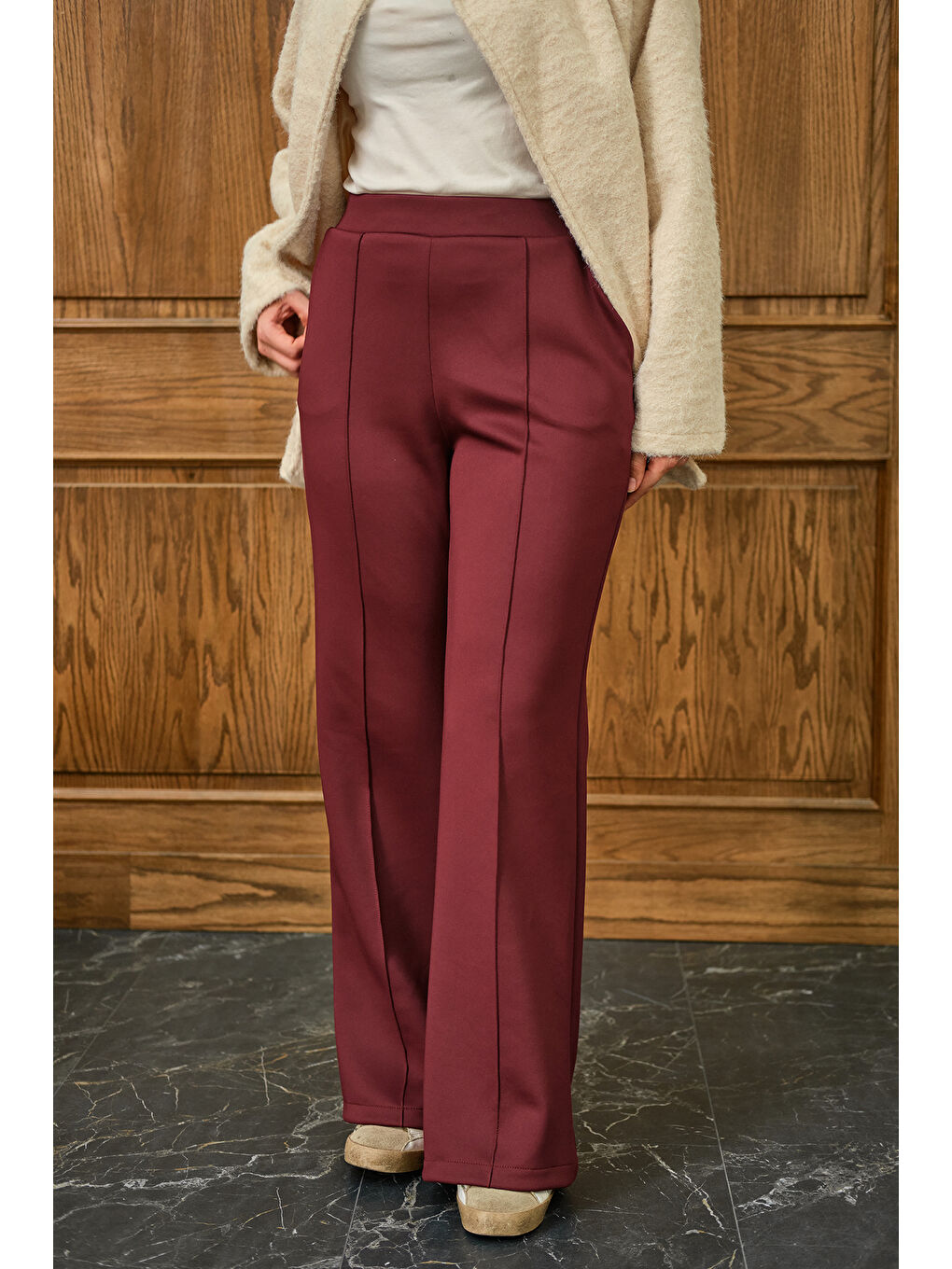 Kadın Biyeli Scuba Pantolon Bordo-4