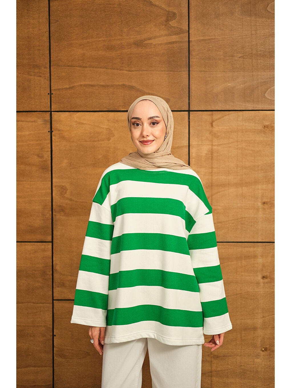 Kadın Kalın Çizgili Sweat Yeşil-1