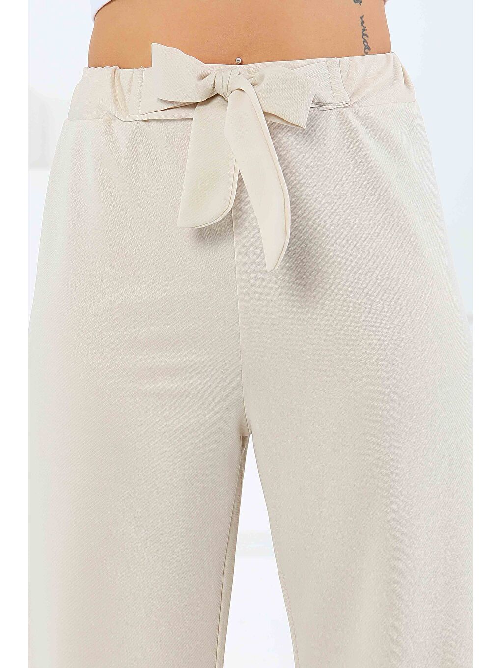 Ekru Önden Bağlamalı Pantolon Krem - 27553-4