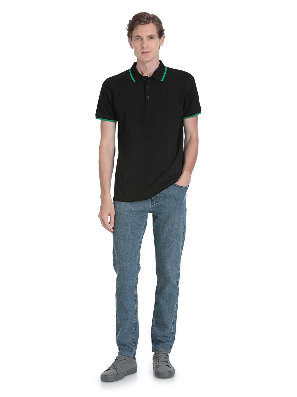 Siyah Regular Fit Polo Yaka Pamuklu Rayon Tişört-1