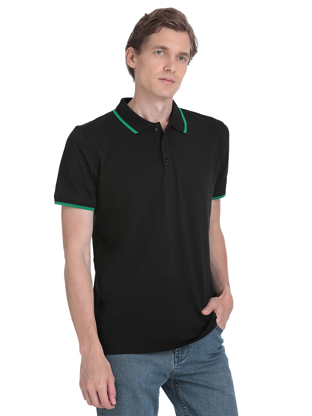 Siyah Regular Fit Polo Yaka Pamuklu Rayon Tişört-2