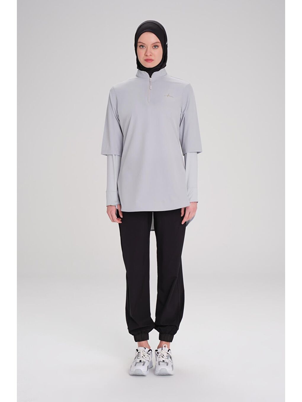 Active Uzun Kollu Yakası Fermuarlı Gri Tesettür Antrenman Tişörtü Act-9-2
