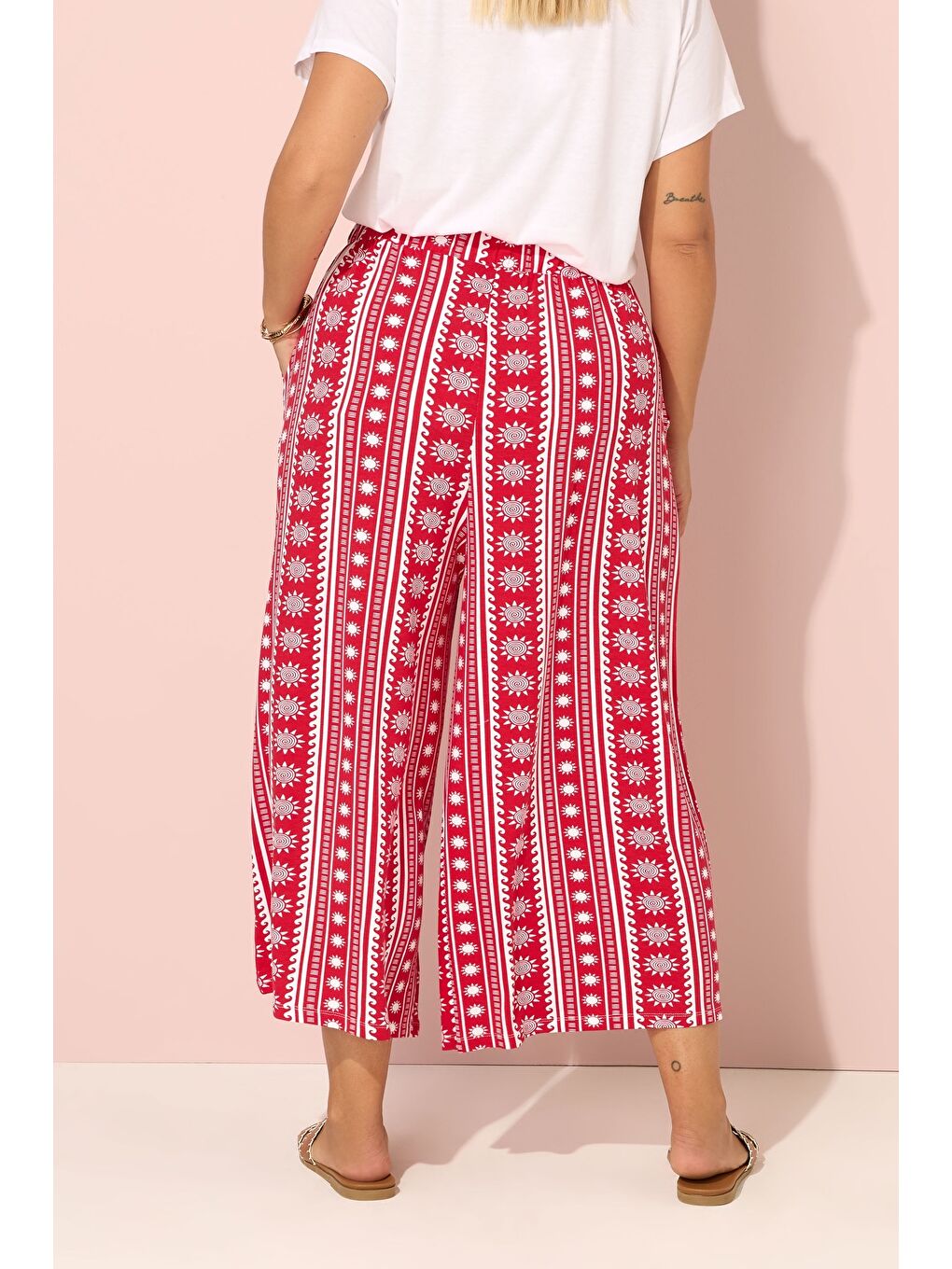 Kırmızı Büyük Beden Etnik Desenli Beli Lastikli Paçası Bol Pantolon 145344-4
