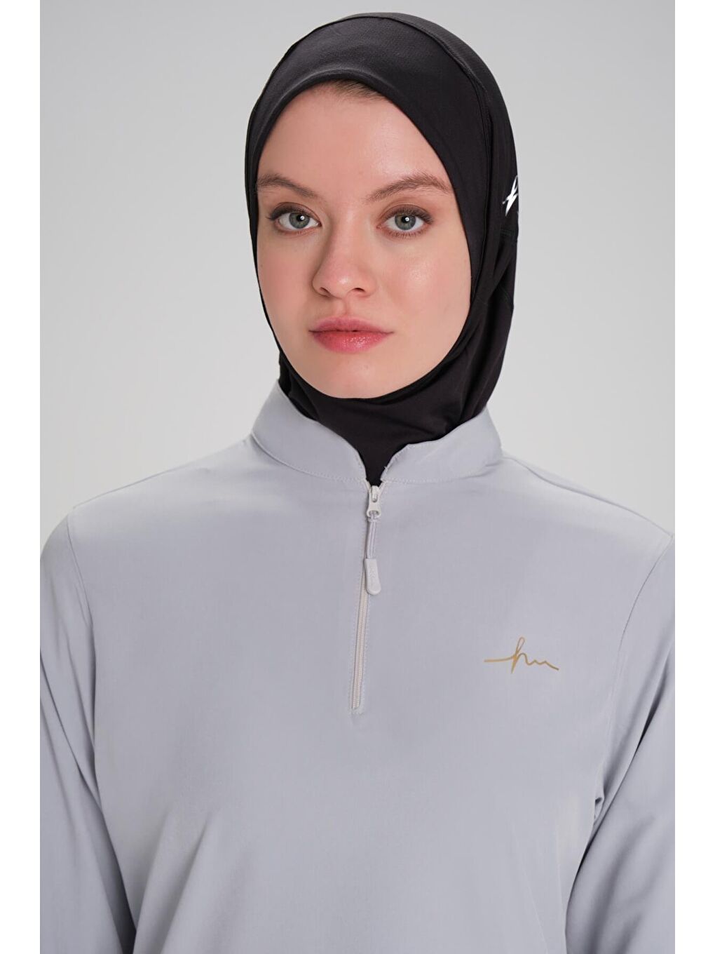 Active Uzun Kollu Yakası Fermuarlı Gri Tesettür Antrenman Tişörtü Act-9-3