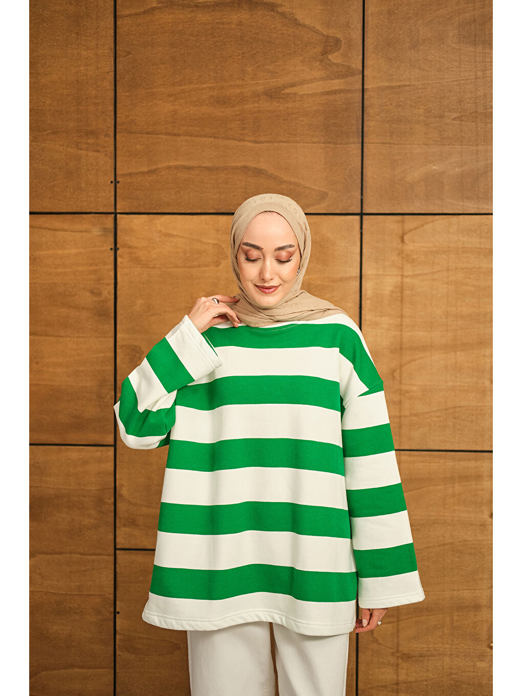 Kadın Kalın Çizgili Sweat Yeşil-3