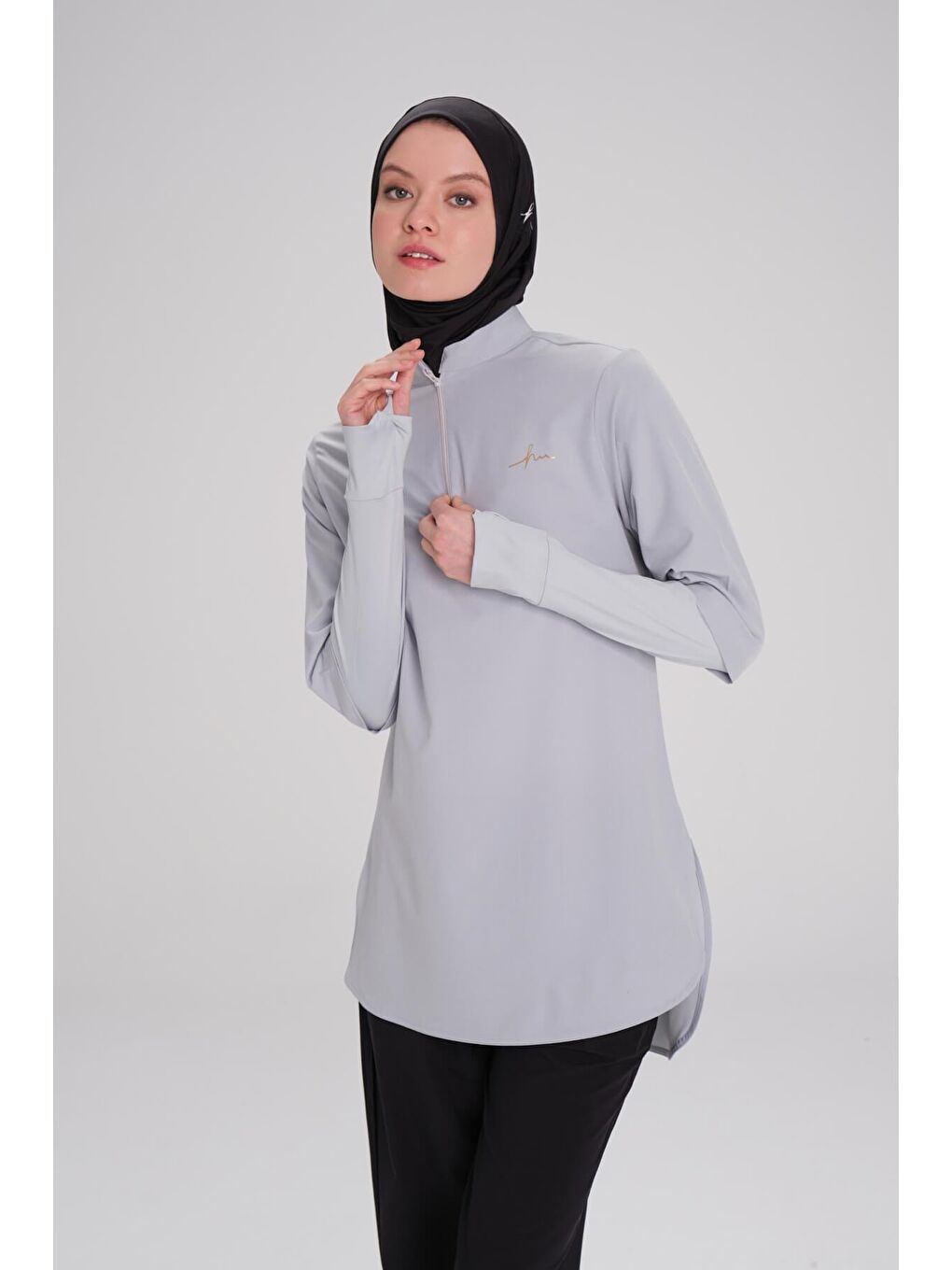 Active Uzun Kollu Yakası Fermuarlı Gri Tesettür Antrenman Tişörtü Act-9-5