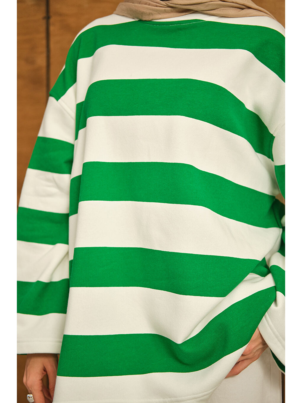 Kadın Kalın Çizgili Sweat Yeşil-4