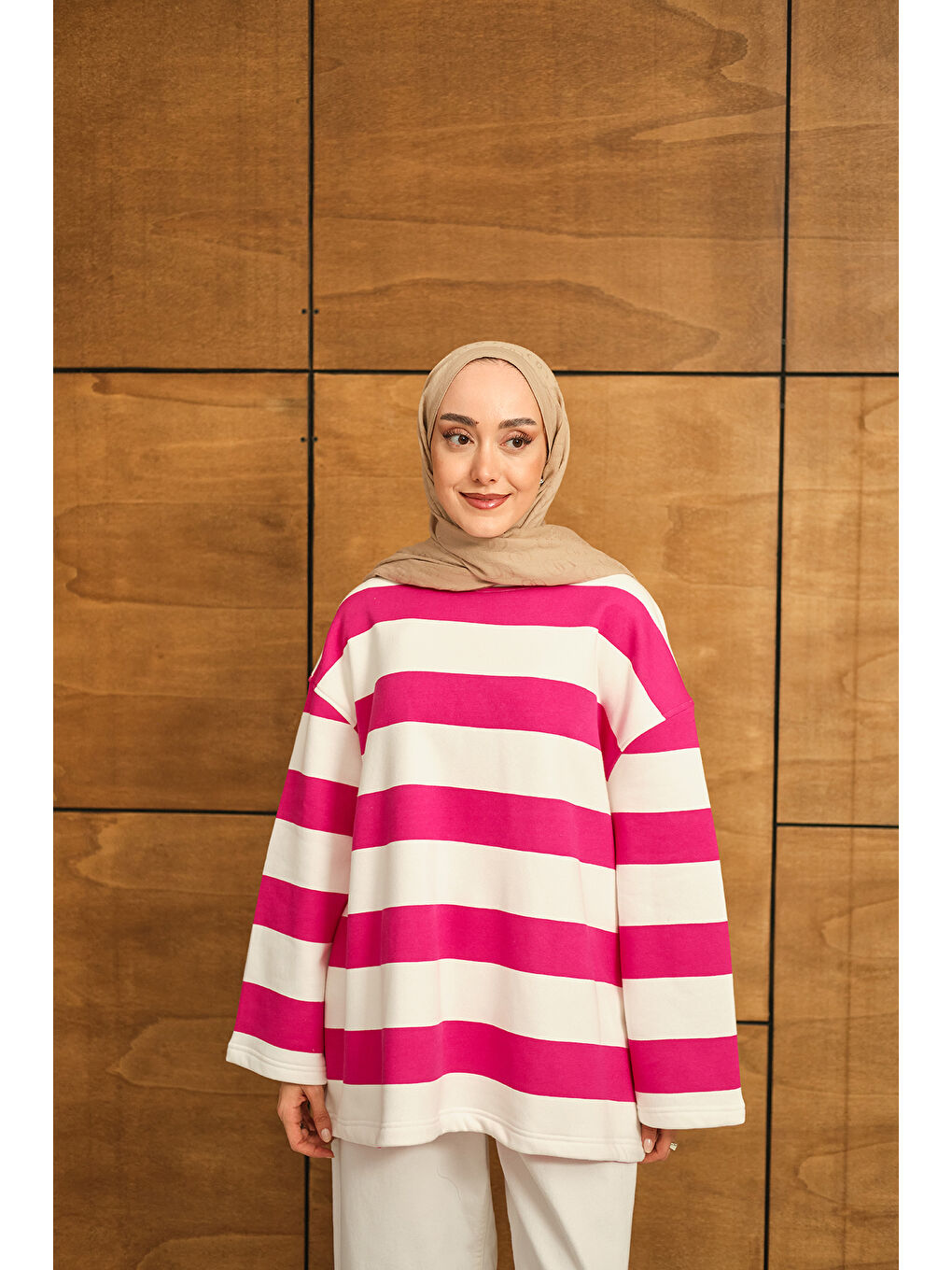 Kadın Kalın Çizgili Sweat Pembe-1