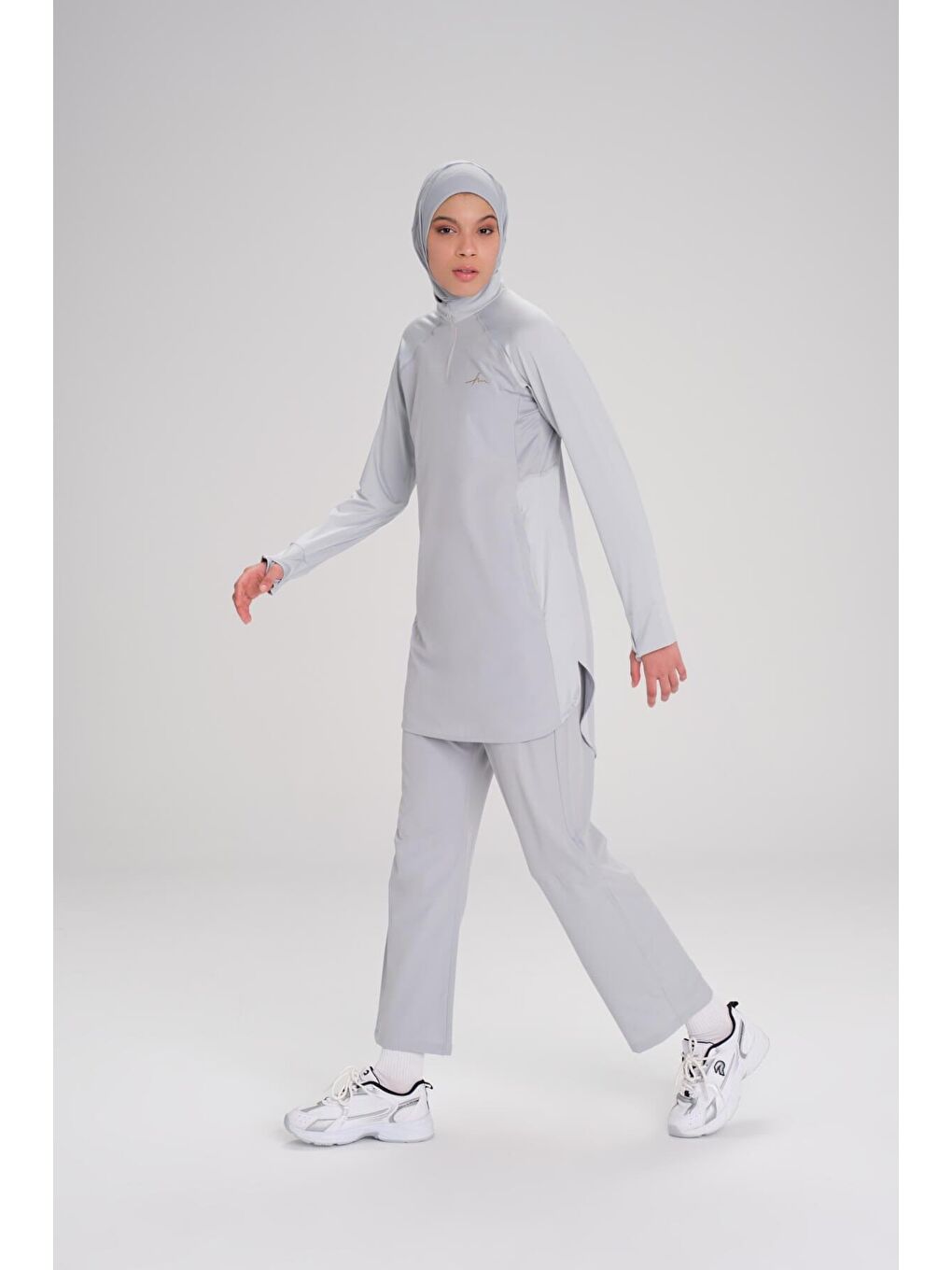 Active H-Per Cepli Uzun Kollu Fermuarlı Yaka Gri Tesettür Antrenman Tişörtü Act-7-7
