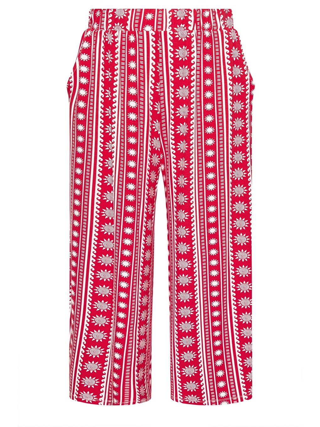 Kırmızı Büyük Beden Etnik Desenli Beli Lastikli Paçası Bol Pantolon 145344-5