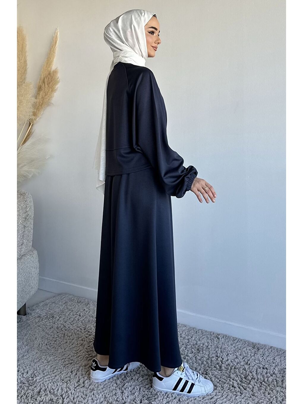 Gri Bisiklet Yaka Bluz Bel Lastikli Etek Tesettür İkili Takım-4