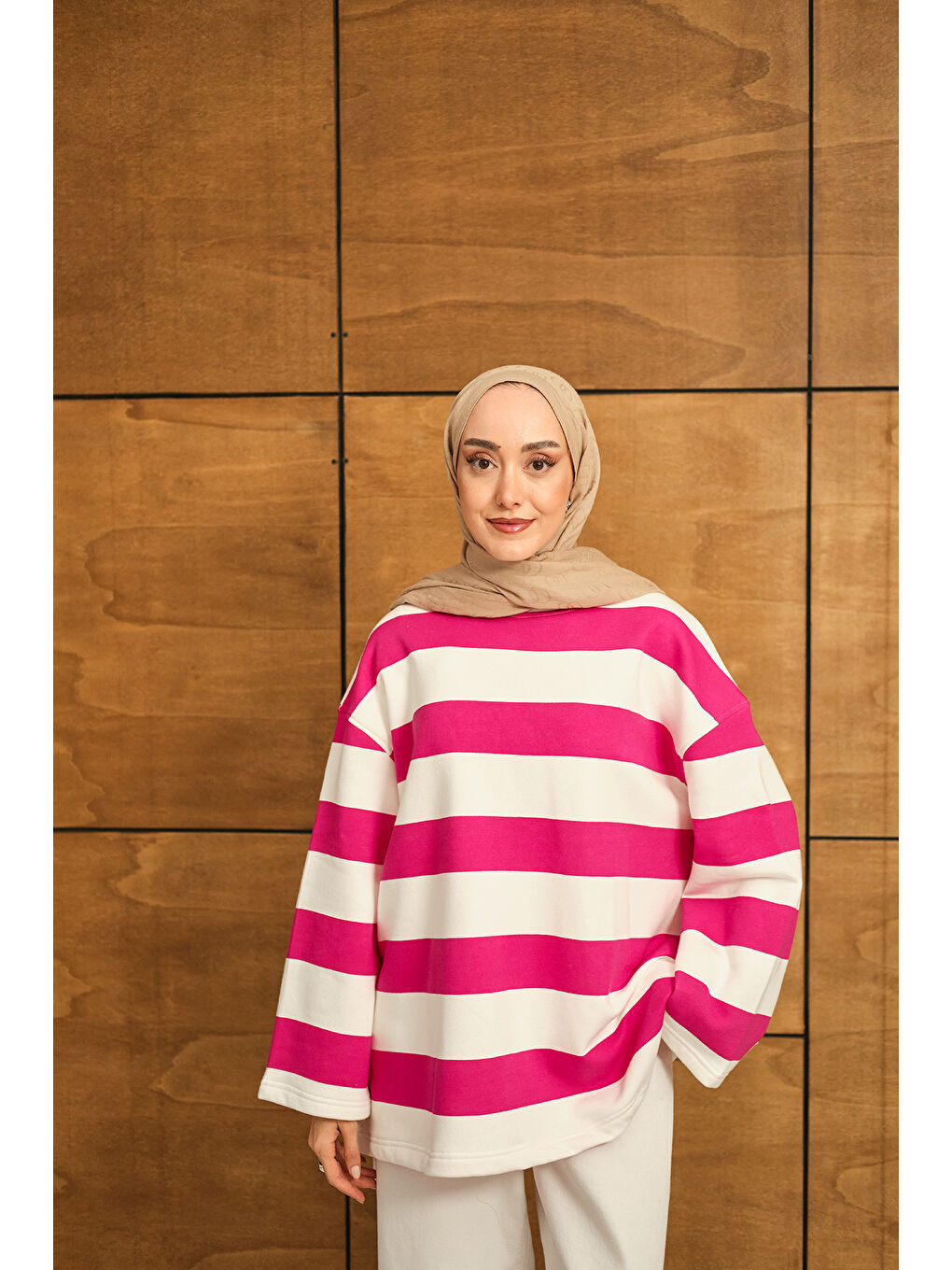 Kadın Kalın Çizgili Sweat Pembe-3