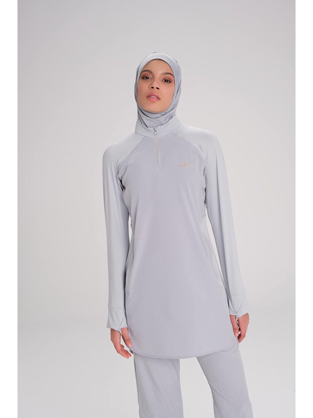 Active H-Per Cepli Uzun Kollu Fermuarlı Yaka Gri Tesettür Antrenman Tişörtü Act-7-11
