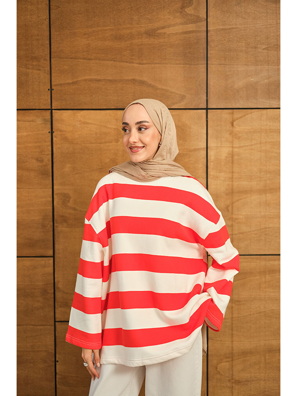 Kadın Kalın Çizgili Sweat Turuncu-1