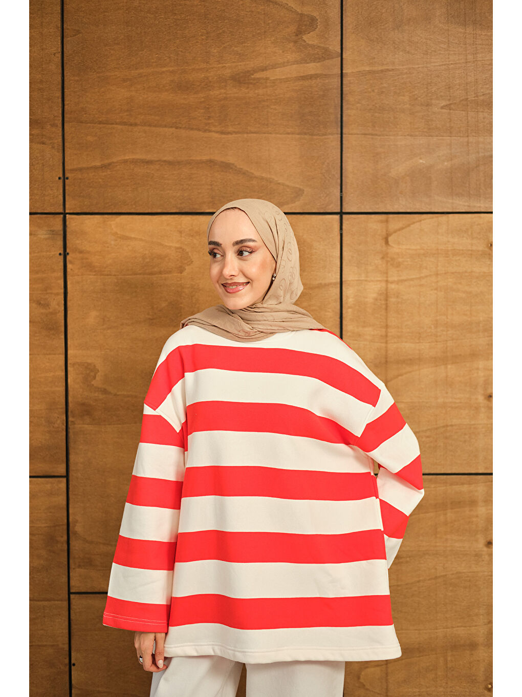 Kadın Kalın Çizgili Sweat Turuncu-2