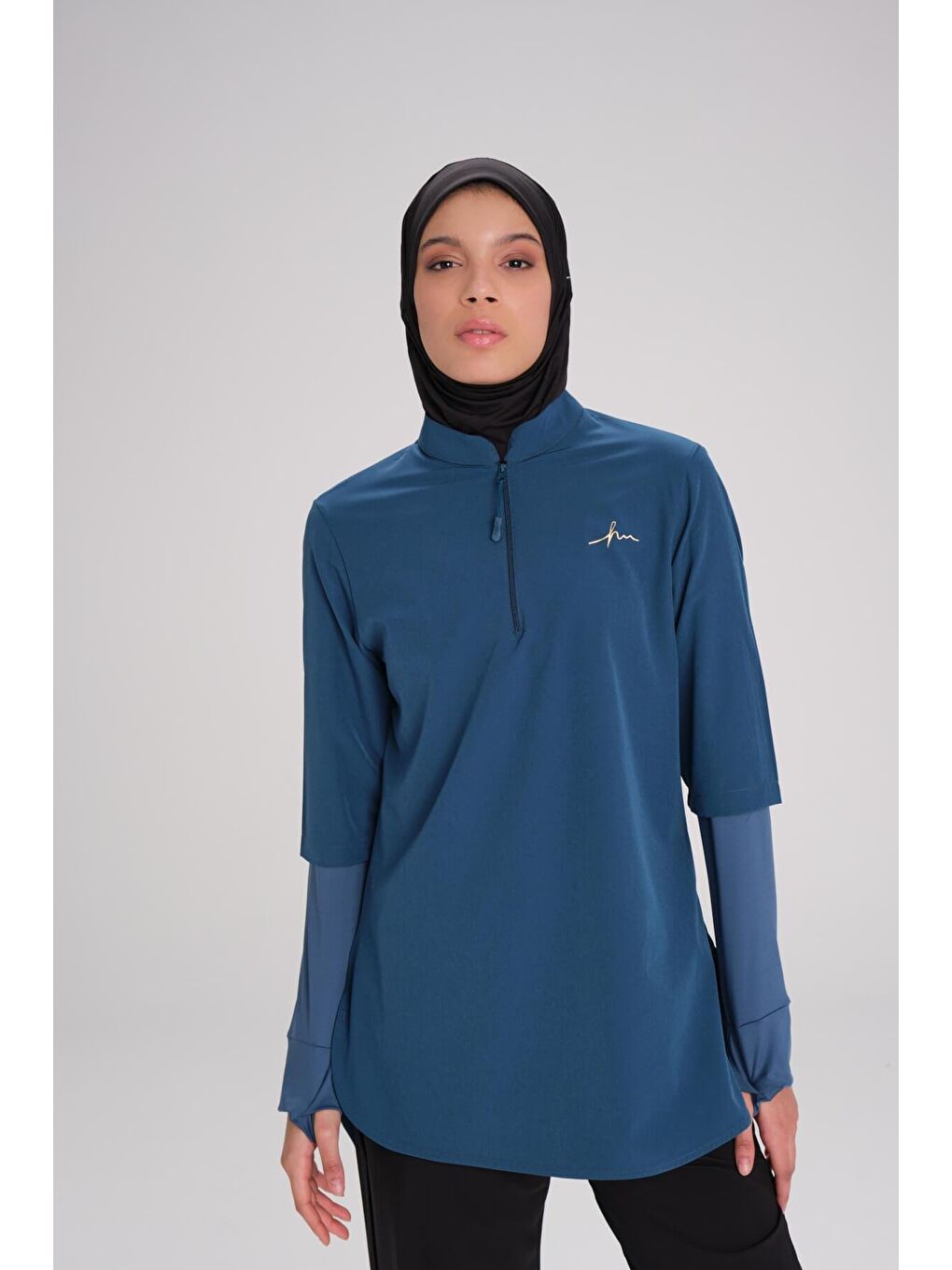 Petrol Active Uzun Kollu Yakası Fermuarlı Mavi Tesettür Antrenman Tişörtü Act-9-4