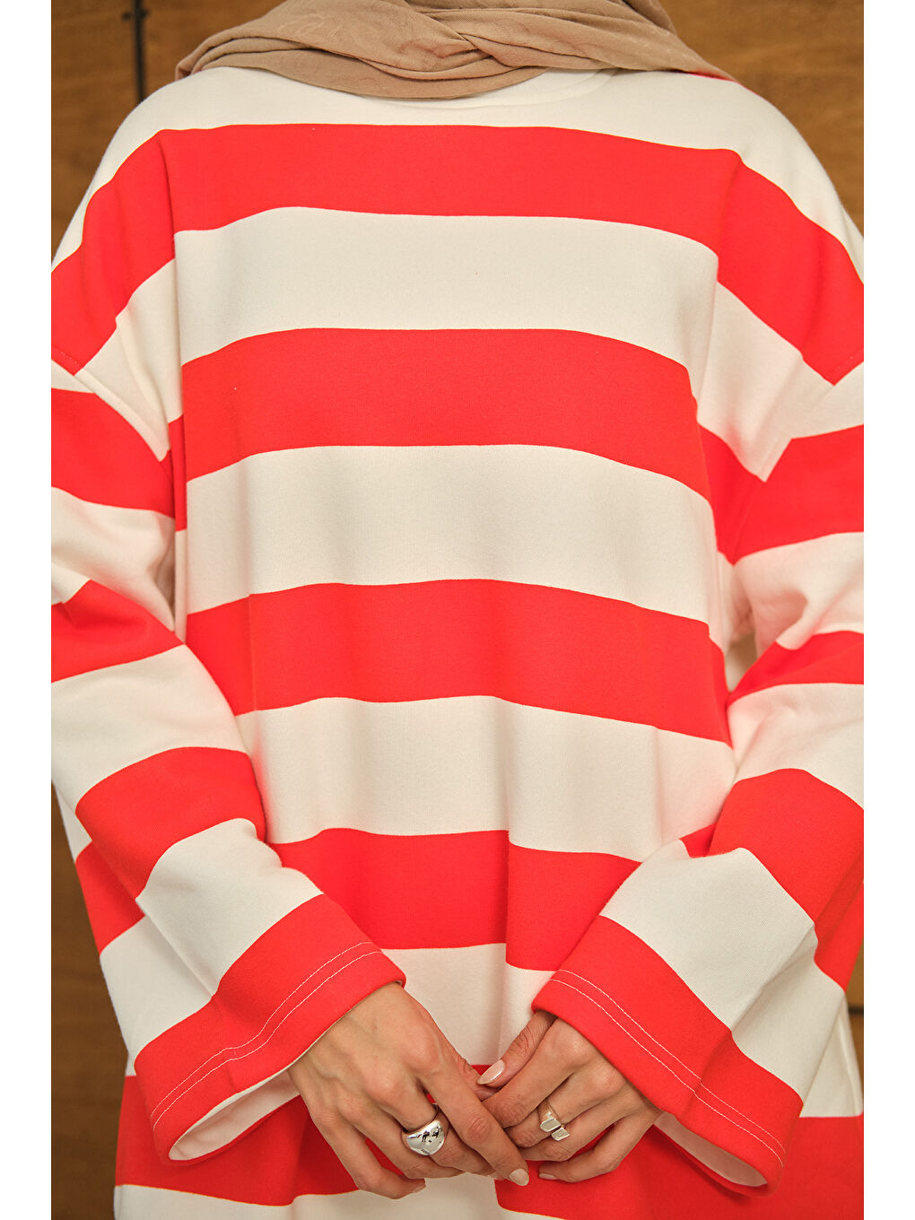 Kadın Kalın Çizgili Sweat Turuncu-3