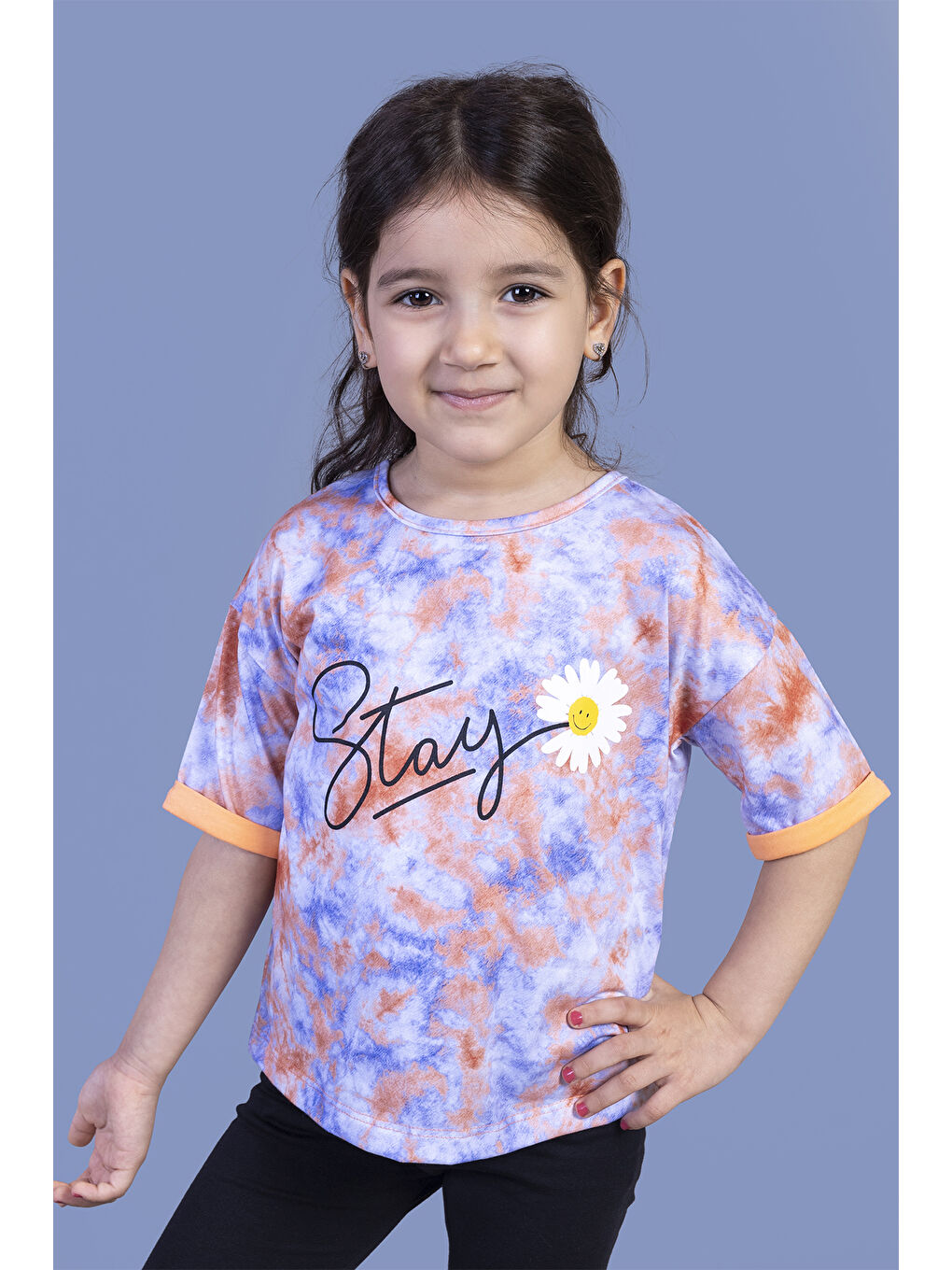 Turuncu Kız Çocuk Batik Desenli Baskılı Tişört