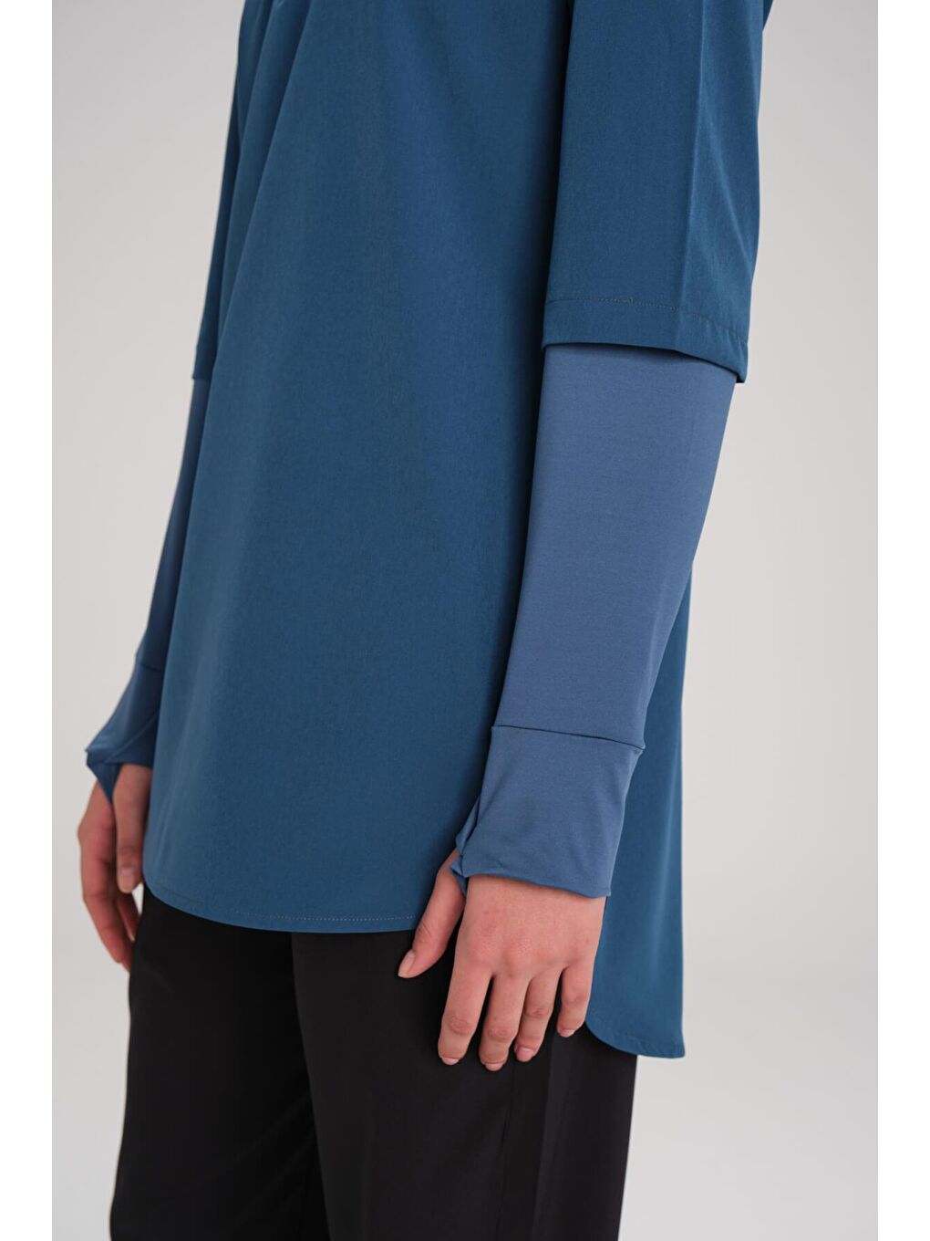 Petrol Active Uzun Kollu Yakası Fermuarlı Mavi Tesettür Antrenman Tişörtü Act-9-7