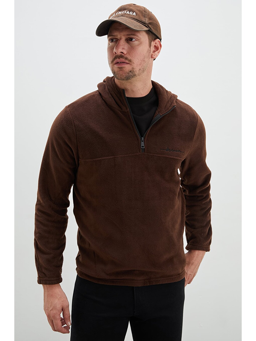 Kahverengi Yarım Fermuarlı Kapüşonlu Polar Sweatshirt