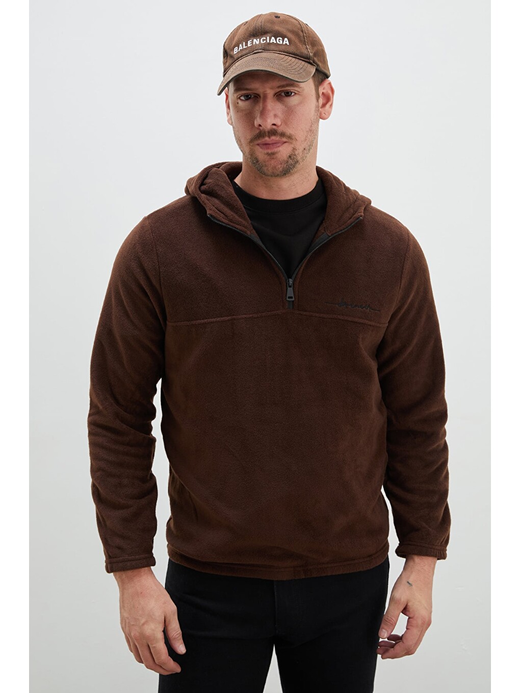 Kahverengi Yarım Fermuarlı Kapüşonlu Polar Sweatshirt-1