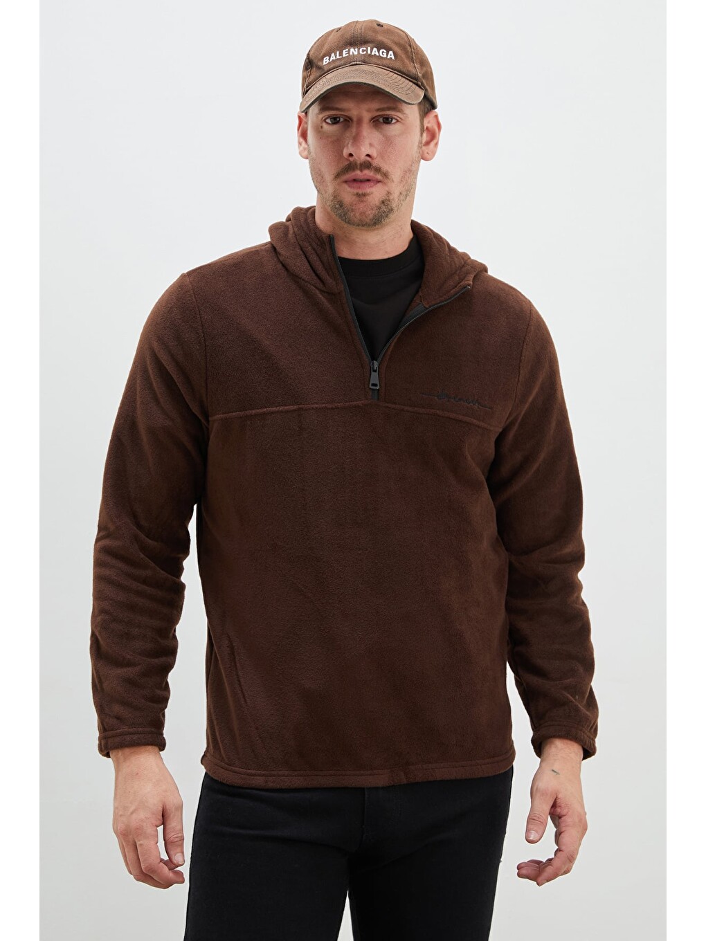 Kahverengi Yarım Fermuarlı Kapüşonlu Polar Sweatshirt-2
