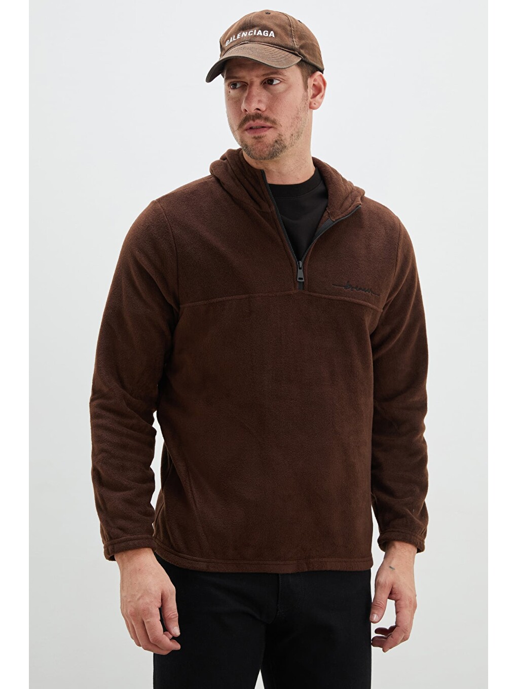 Kahverengi Yarım Fermuarlı Kapüşonlu Polar Sweatshirt-3