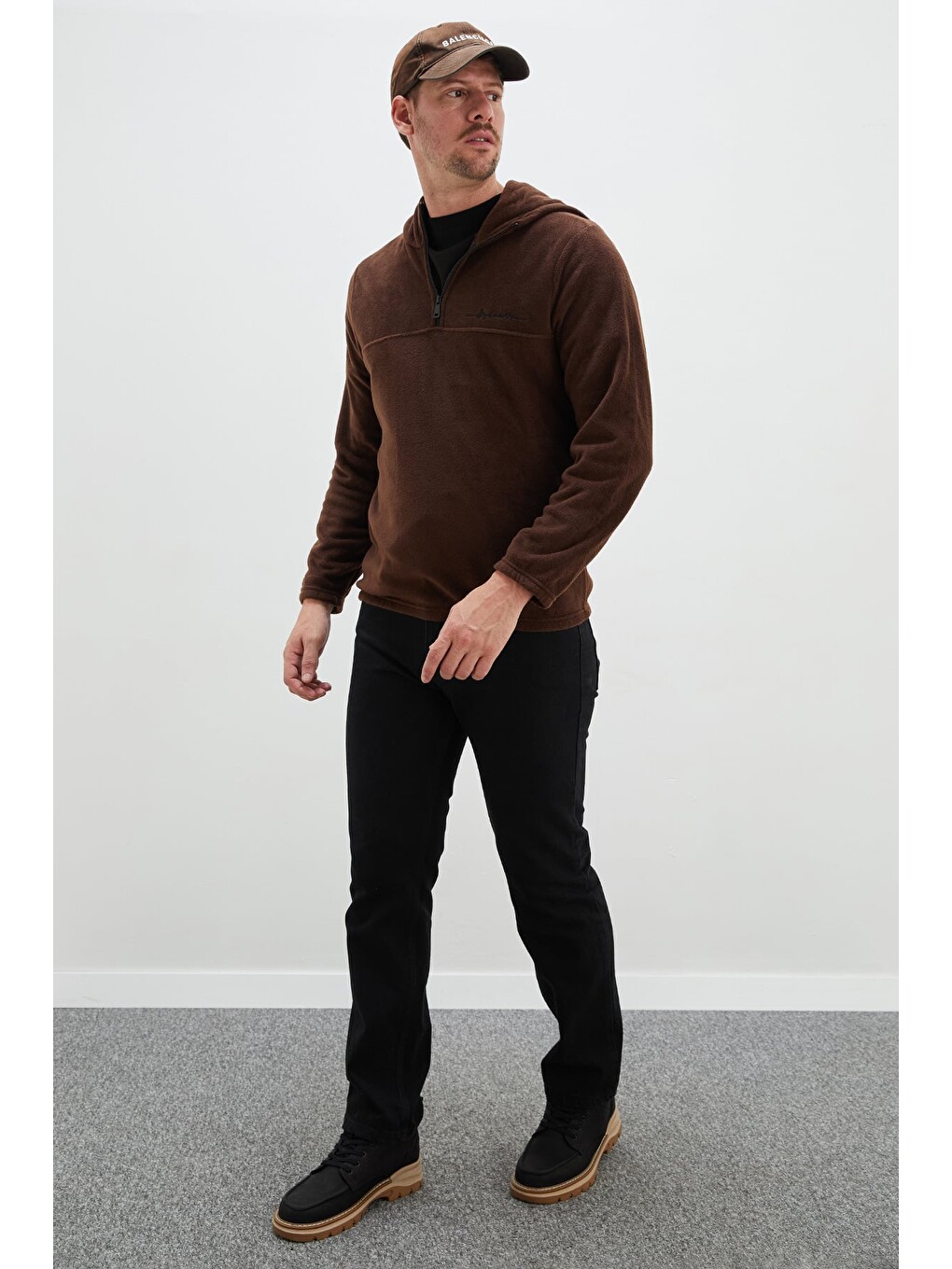 Kahverengi Yarım Fermuarlı Kapüşonlu Polar Sweatshirt-4