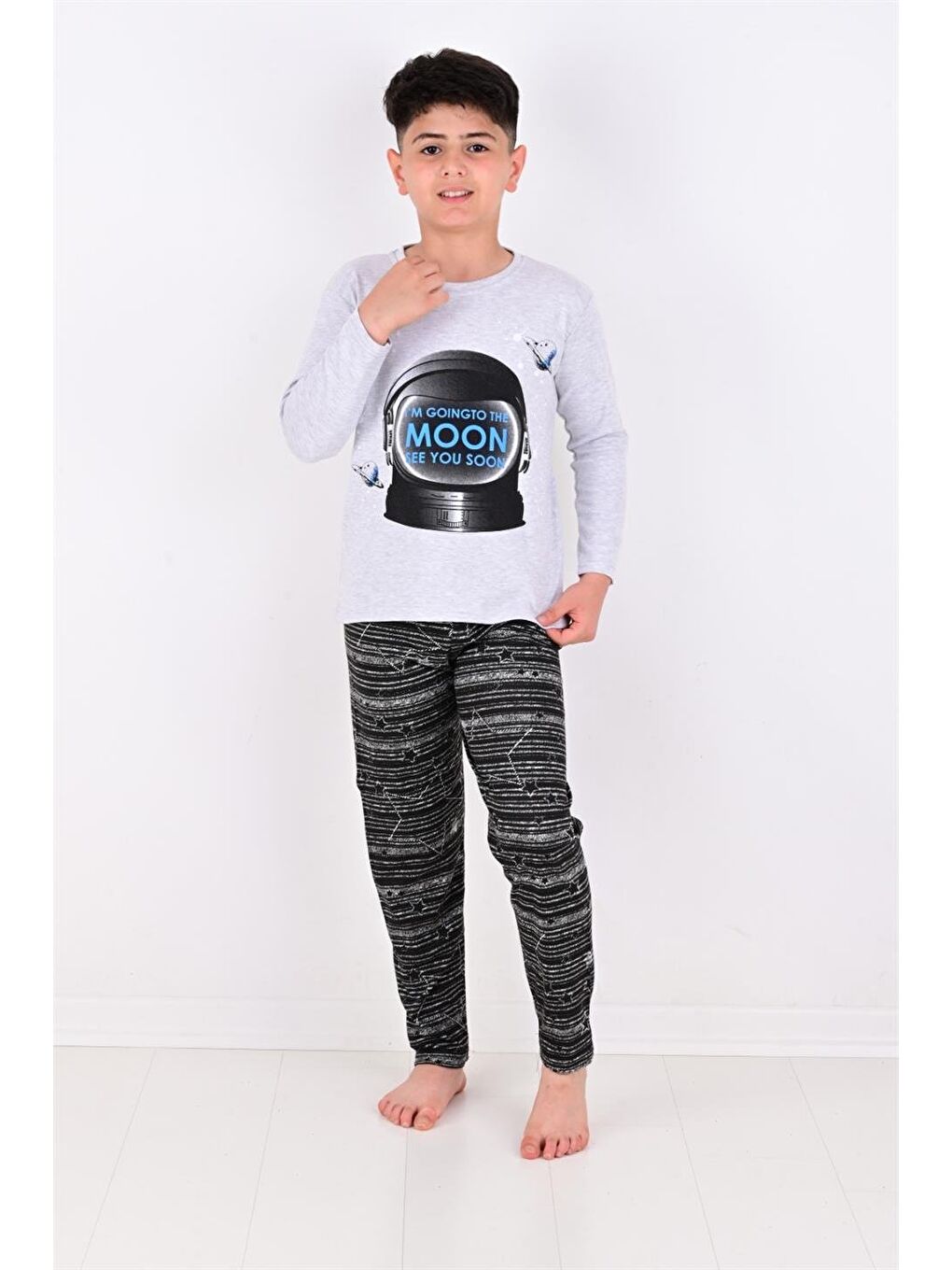 Gri Erkek Çocuk Pijama Takımı Moon Uzun Kollu Pamuklu