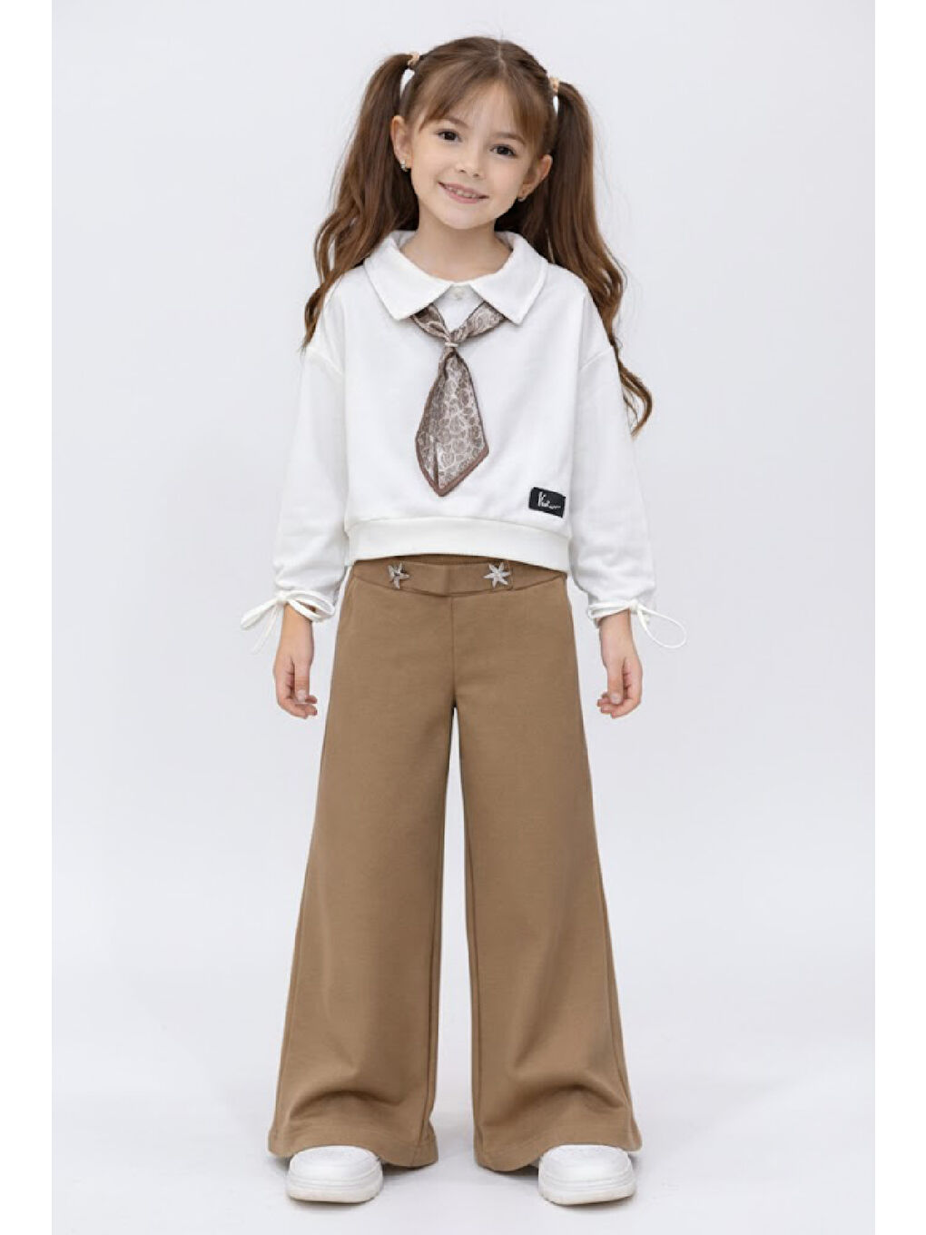 Kahverengi Kız Çocuk Saten Fular Detaylı Alt-Üst Takım 4-14 Yaş 12518HC