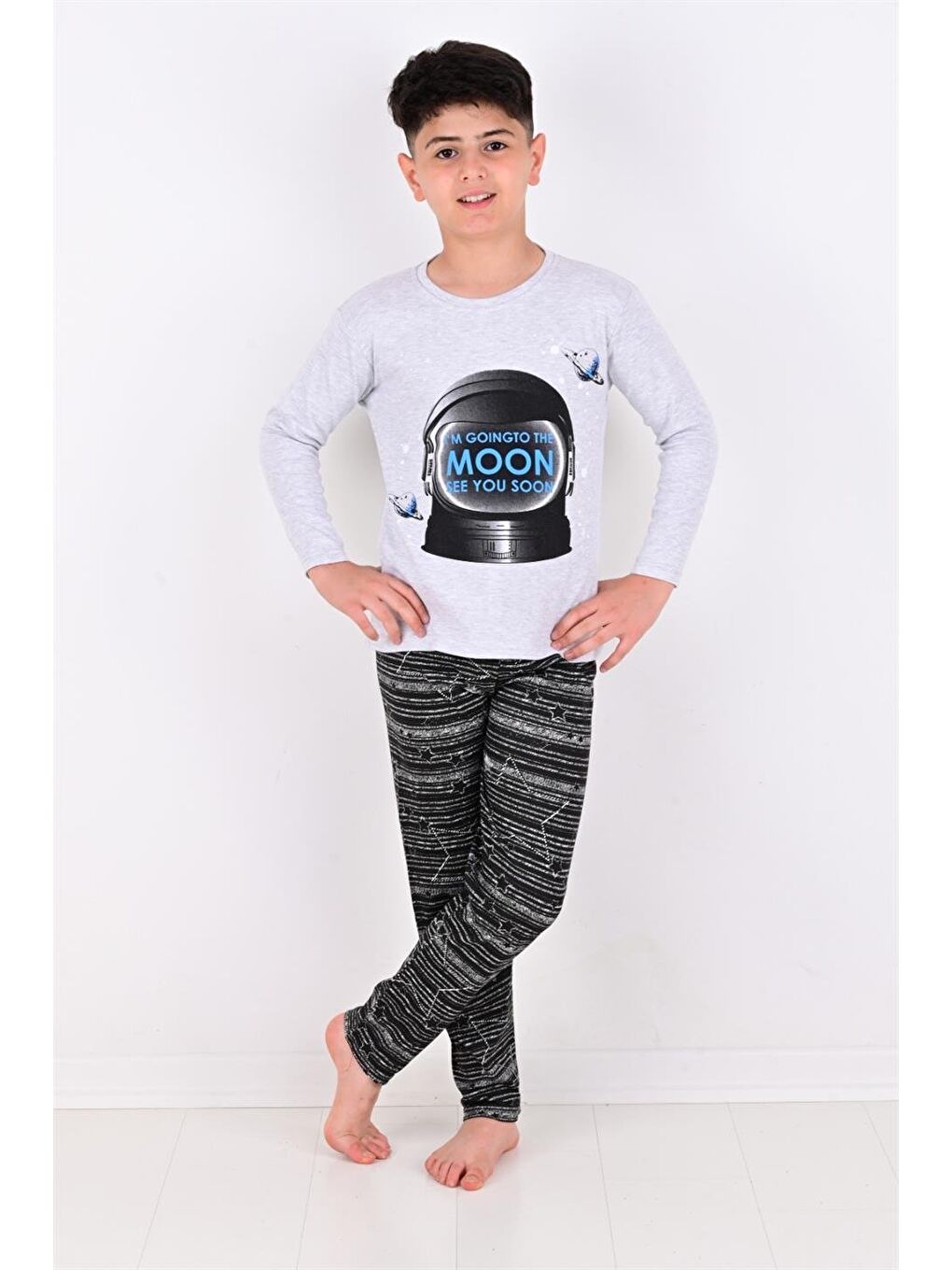 Gri Erkek Çocuk Pijama Takımı Moon Uzun Kollu Pamuklu-1