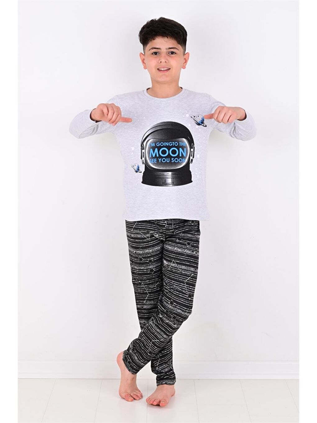 Gri Erkek Çocuk Pijama Takımı Moon Uzun Kollu Pamuklu-3
