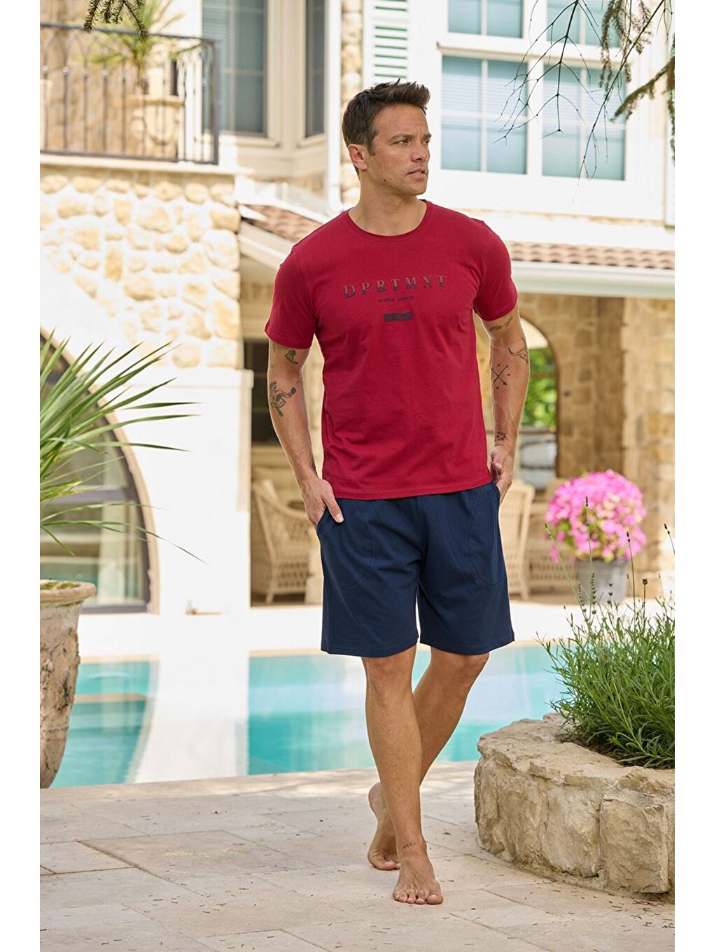 Erkek %100 Organik Pamuk Bordo Kısa Kollu Şortlu Doğal Pijama Takımı