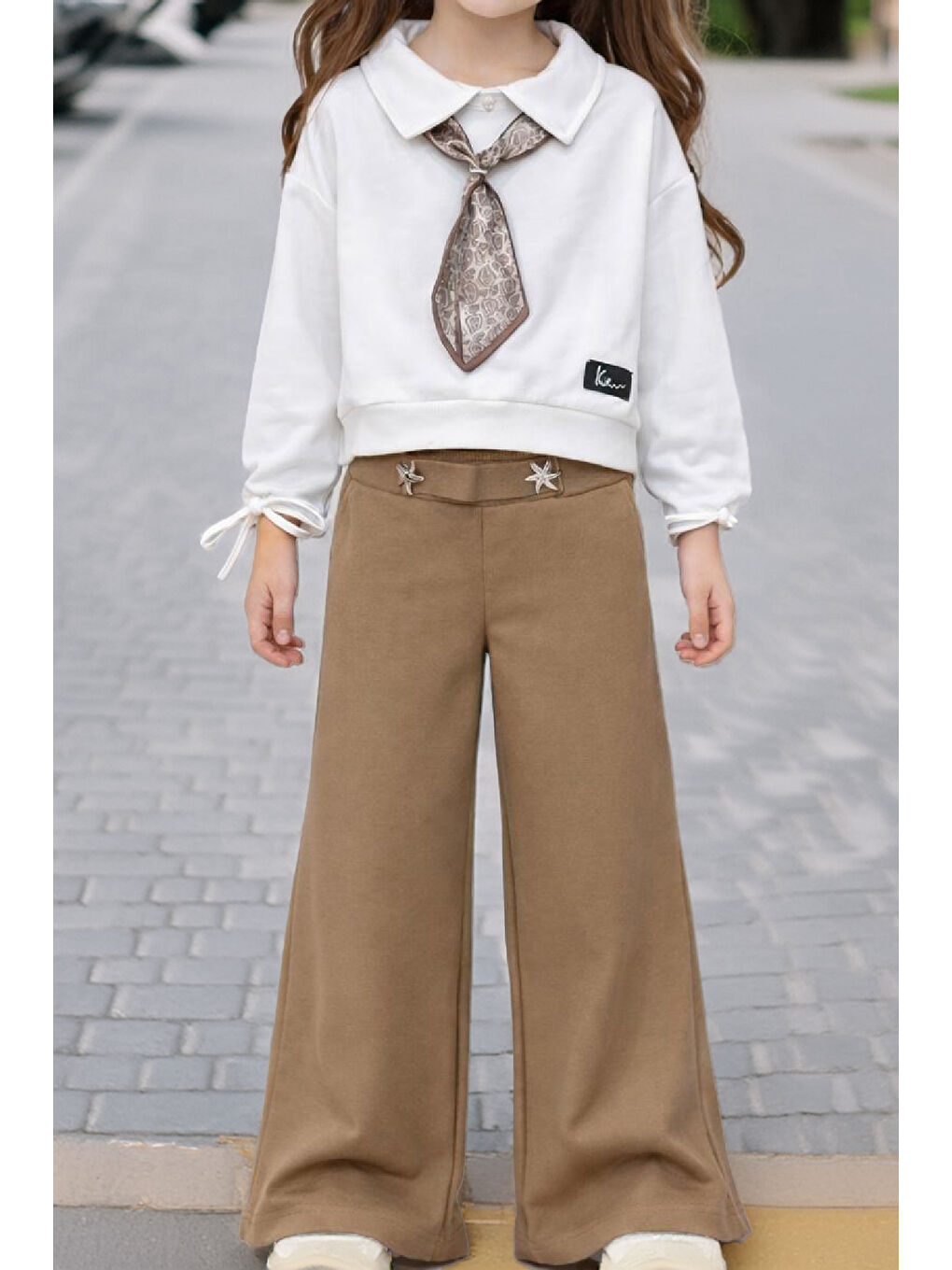 Kahverengi Kız Çocuk Saten Fular Detaylı Alt-Üst Takım 4-14 Yaş 12518HC-1