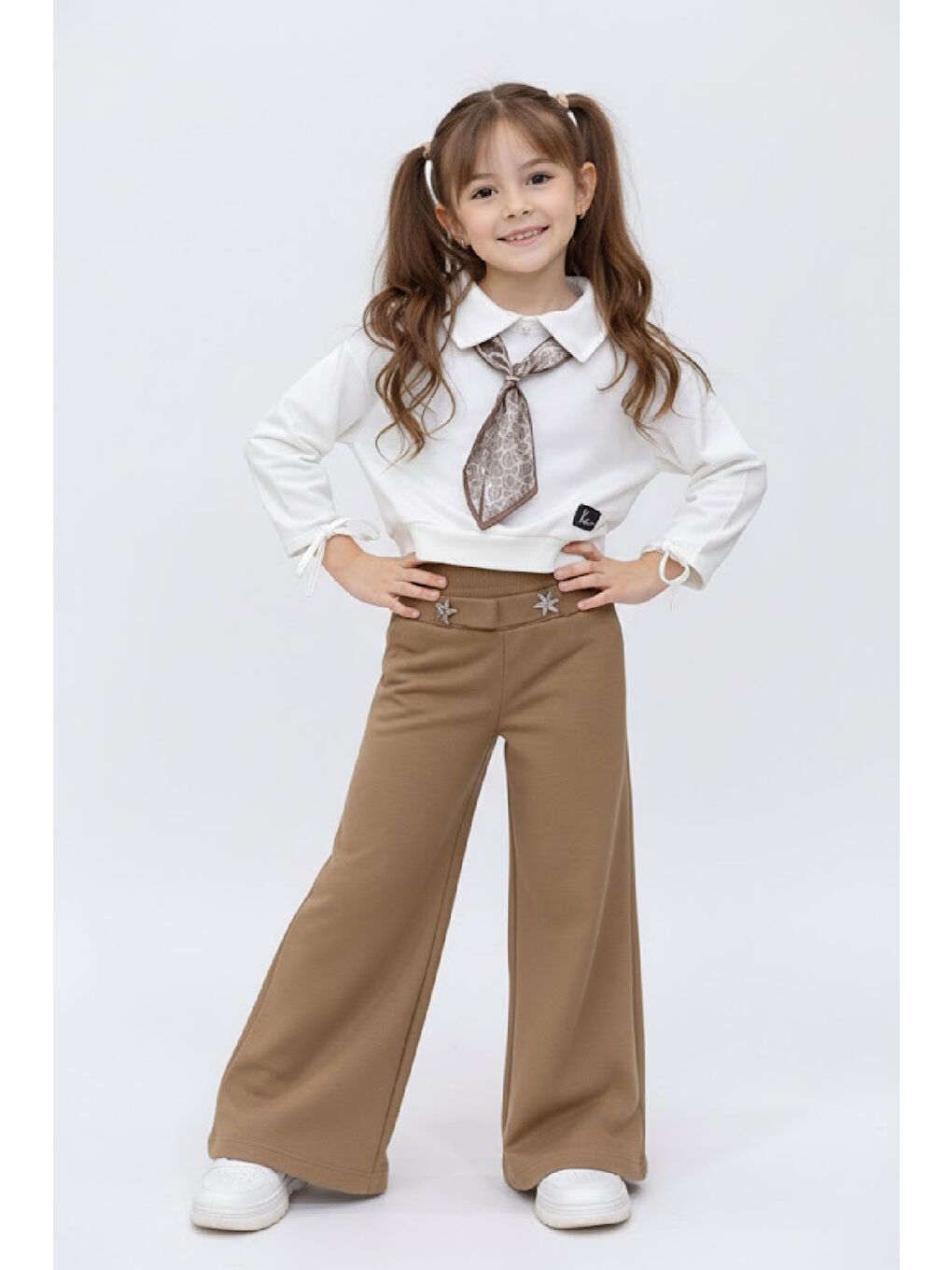 Kahverengi Kız Çocuk Saten Fular Detaylı Alt-Üst Takım 4-14 Yaş 12518HC-3