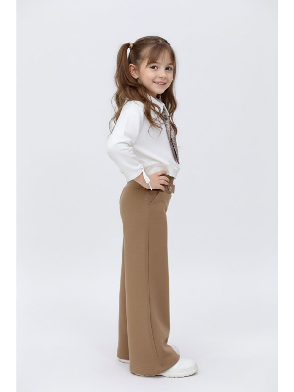 Kahverengi Kız Çocuk Saten Fular Detaylı Alt-Üst Takım 4-14 Yaş 12518HC-4