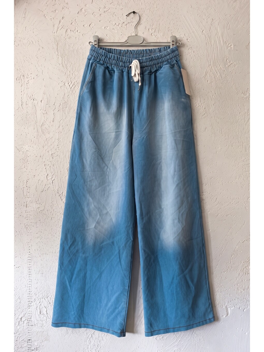 İndigo İtalyan Jean Mavisi Elastanlı Lastikli Bel Geniş Paça Casual Standart Denim Pantolon 110 63-1