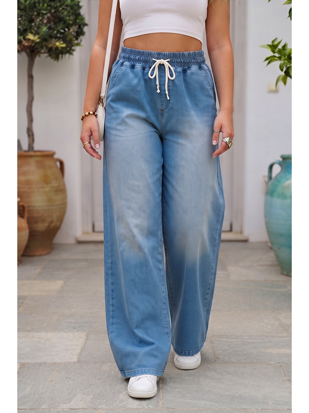 İndigo İtalyan Jean Mavisi Elastanlı Lastikli Bel Geniş Paça Casual Standart Denim Pantolon 110 63-2